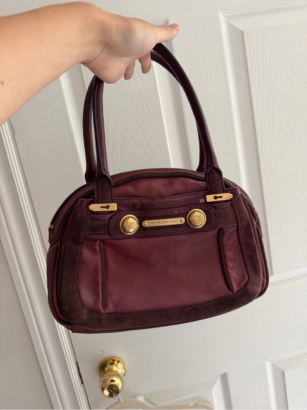 Juicy Couture Wine Leather & Suede Top-Handle Bag with Gold Accents